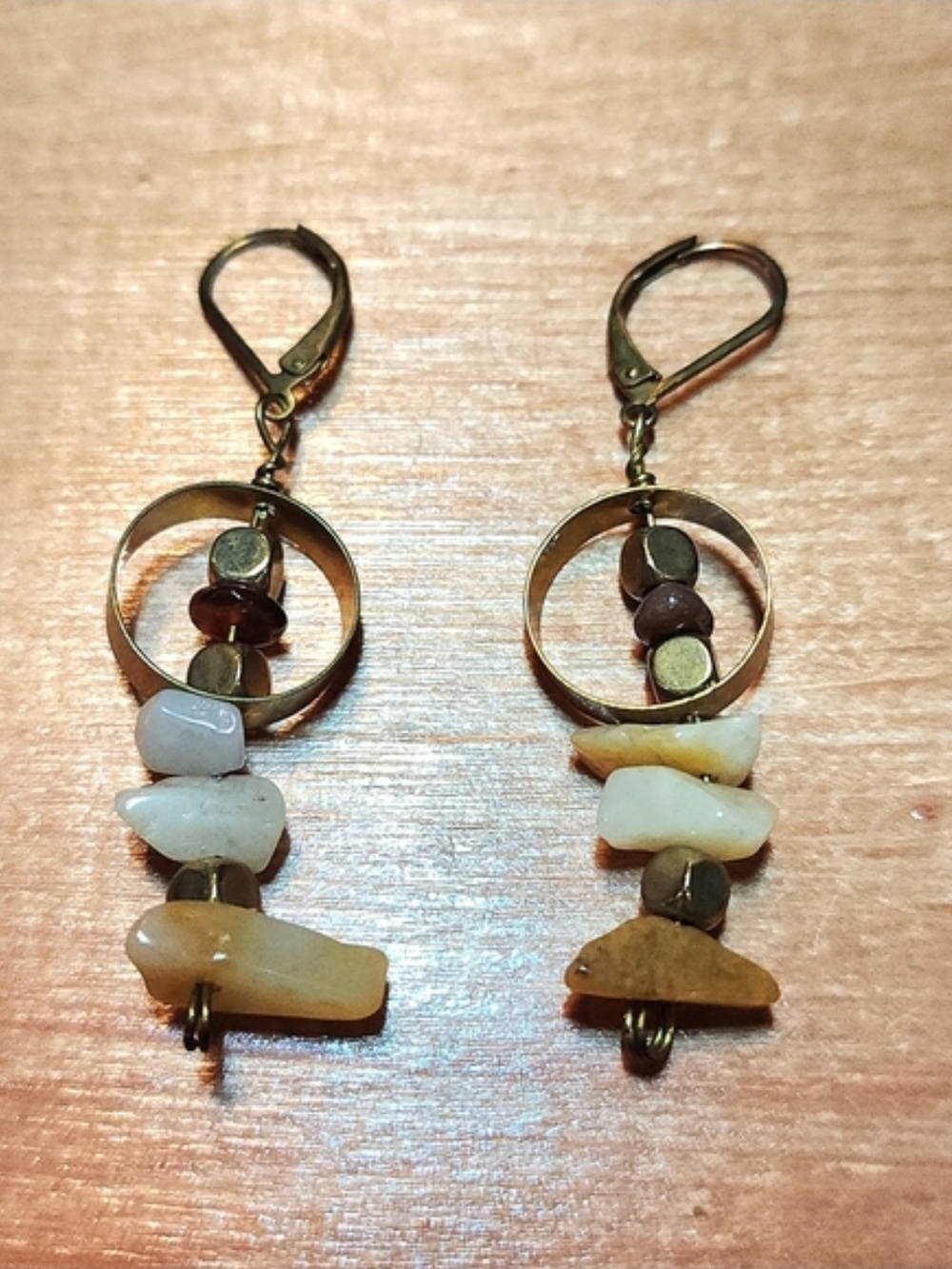 Handcrafted Brass Hoop Earrings with White and Amber Stone Chips